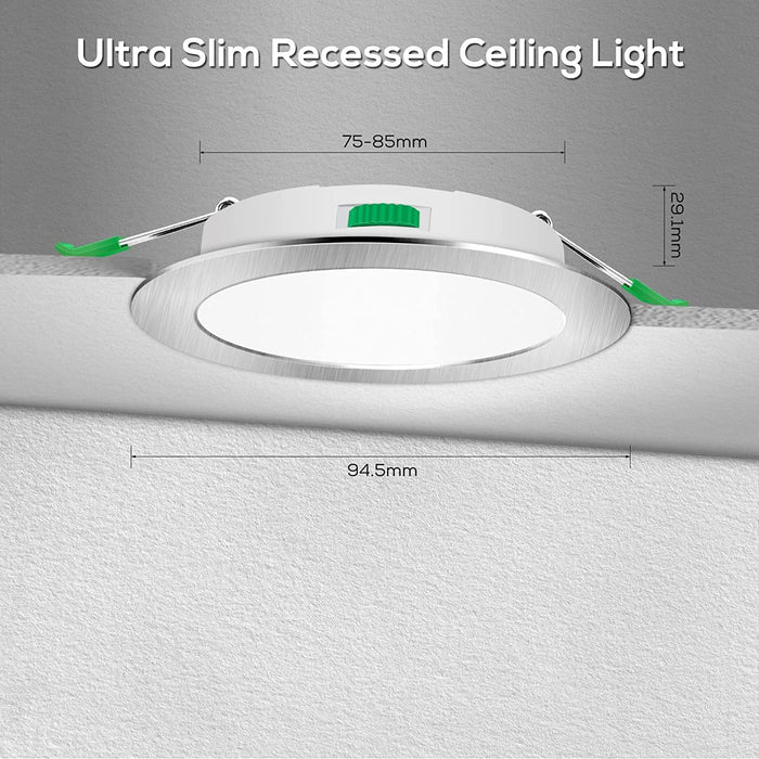 5W Nickel Ultra Slim LED Downlight 3CCT Dimmable IP44,Cutout 72-85mm 6 Pack