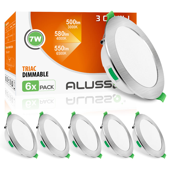 7W Nickel Ultra Slim LED Downlight CCT Dimmable IP44, Cutout 90-100mm 6 Pack