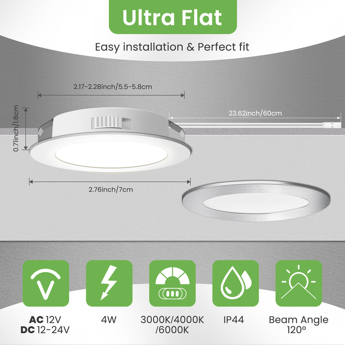 Upgraded 12V-24V RV 4W LED Recessed Spotlight 3CCT, IP44, Cutout 55-58mm, 6 Pack, White / Nickel