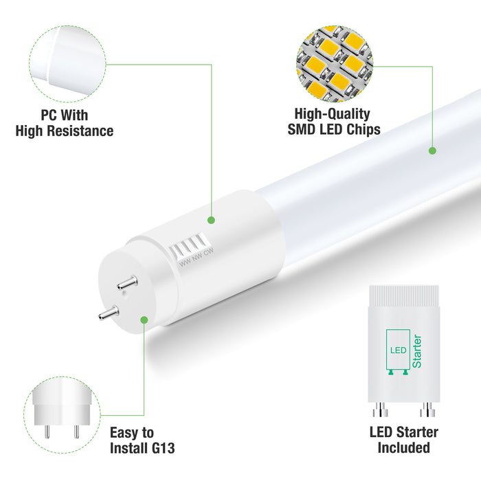 ALUSSO 3CCT LED Tube 120 cm, T8 2340LM 18 W LED Fluorescent Tube, G13 Tube Including Starter, 320° Beam Angle, Pack of 10