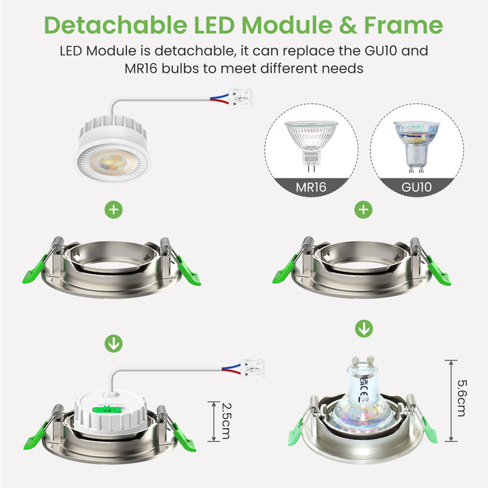 6W ∅75-78mm Swiveling Nickel Recessed Led Ceiling Lights Tilt Angle, Tri-Color, Dimmable, 60°/120° Variable Beam Angle, IP20, 6 PACK