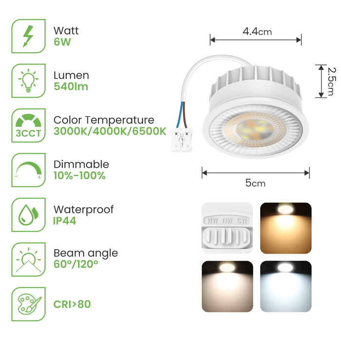 6W ∅50mm LED Module Replacement for GU10 MR16, Tri-Color, Dimmable, 6 PACK