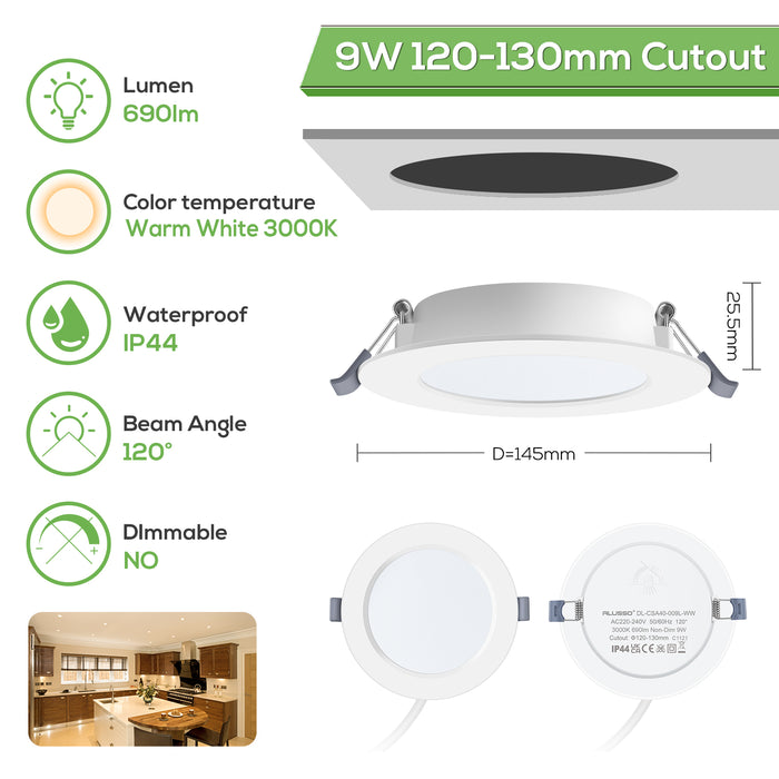 9W LED Recessed Ceiling Lights Cutout Ø120-130mm, Warm White 3000K, IP44, 6PACK