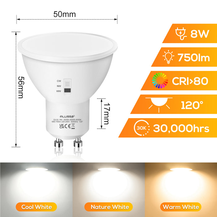 GU10/E27 LED Spotlight Bulb 8W/10W CCT 3000K/4000K/6500K, 120°/240° Beam Angle, 10 Pack