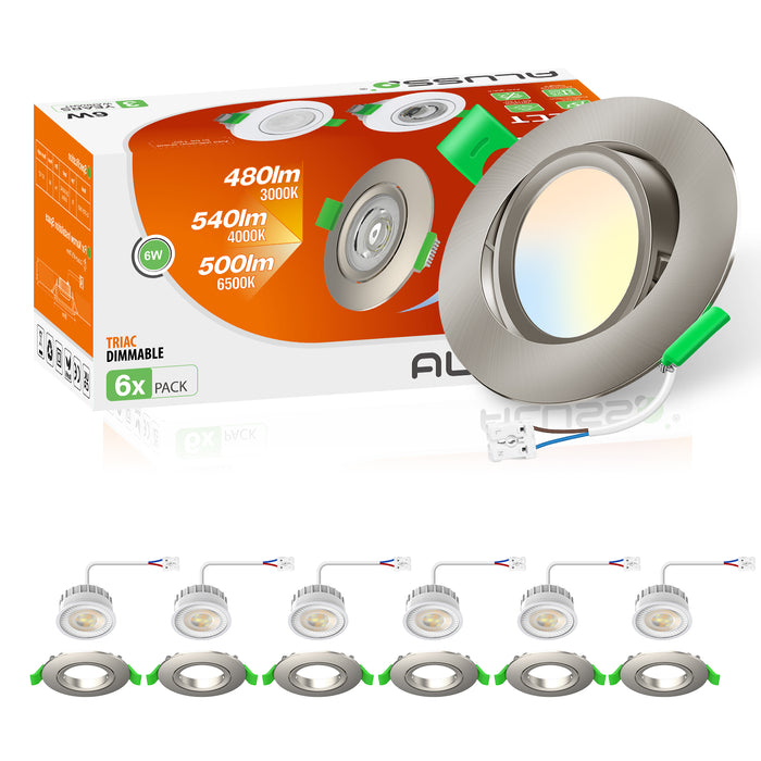 6W ∅75-78mm Swiveling Nickel Recessed Led Ceiling Lights Tilt Angle, Tri-Color, Dimmable, 60°/120° Variable Beam Angle, IP20, 6 PACK