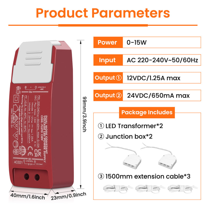 DC 12V/24V LED Driver Power Supply Transformer+extension cable+Junction box 15W