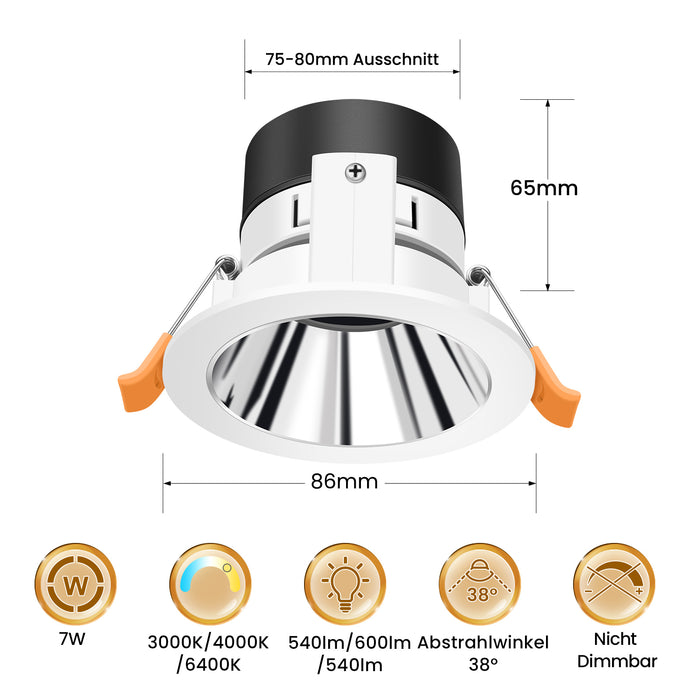 Anti-Glare LED Downlights 7W CCT Cutout 75-80mm, 6 Pack, Golden/Silver with White Frame