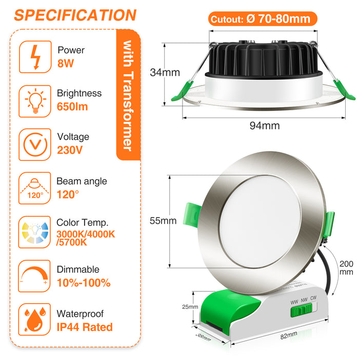 8W LED CCT Dimmable Nickel Downlight, Cutout 70-80mm 6 Pack