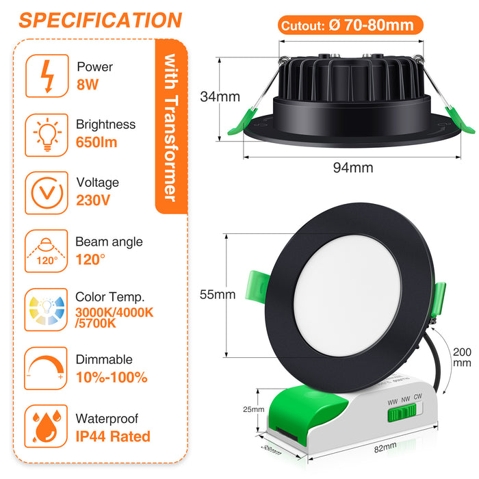 8W LED CCT Dimmable Black Downlight Flat, Cutout 70-80mm 6 Pack