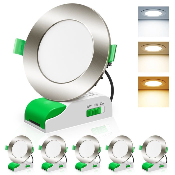 8W LED CCT Dimmable Nickel Downlight, Cutout 70-80mm 6 Pack
