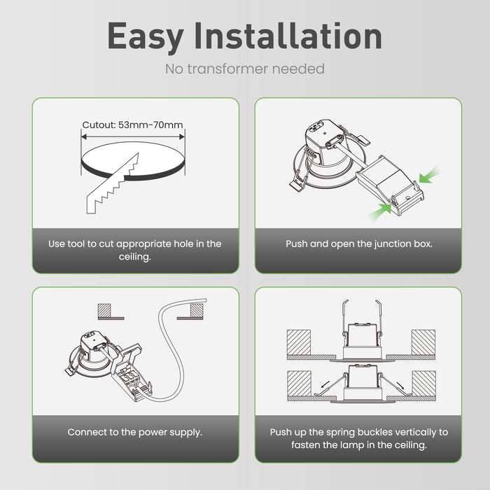 6 Pcs Recessed Fire Rated Ceiling LED Downlights, Cutout 53-70mm, 6w, 3CCT, Dimmable, White/Nickel Frame