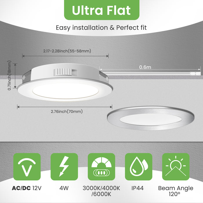 12V AC/DC RV White LED Recessed Ceiling Lights 4W Tri-Color, IP44, Cutout 55-58mm, 6 Pack