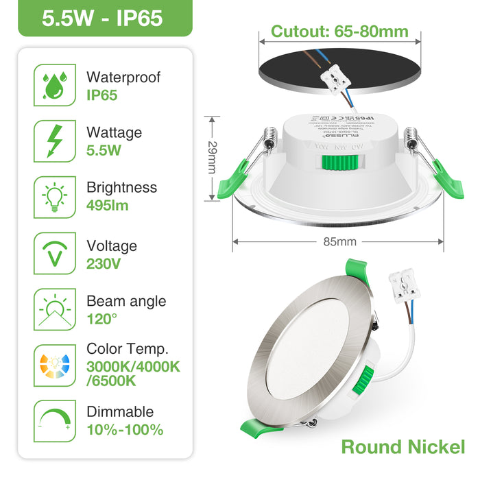 10pcs Nickel Recessed LED Ceiling Lights 5.5W Dimmbale 65-80mm Cutout IP65 Waterproof