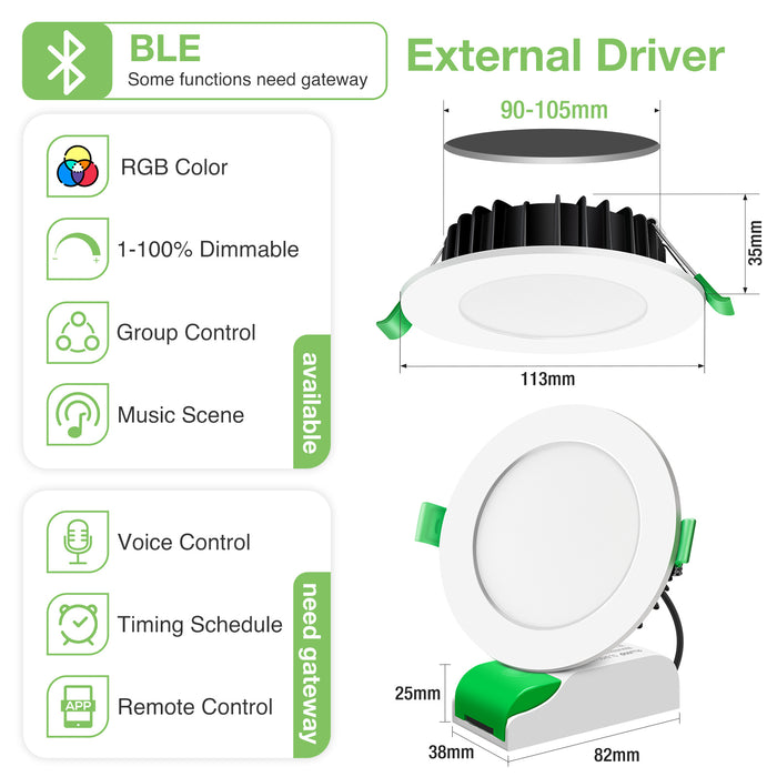 Bluetooth 10W Smart Downlight with External Transformer, Cutout 90-100mm, 4 Pack