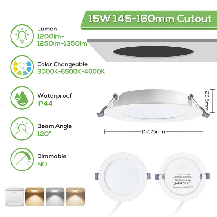 15W Ø145-160mm LED Recessed Ceiling Lights Utral Slim 3000K-6500K-4000K Changeable, 6 Pack, IP44