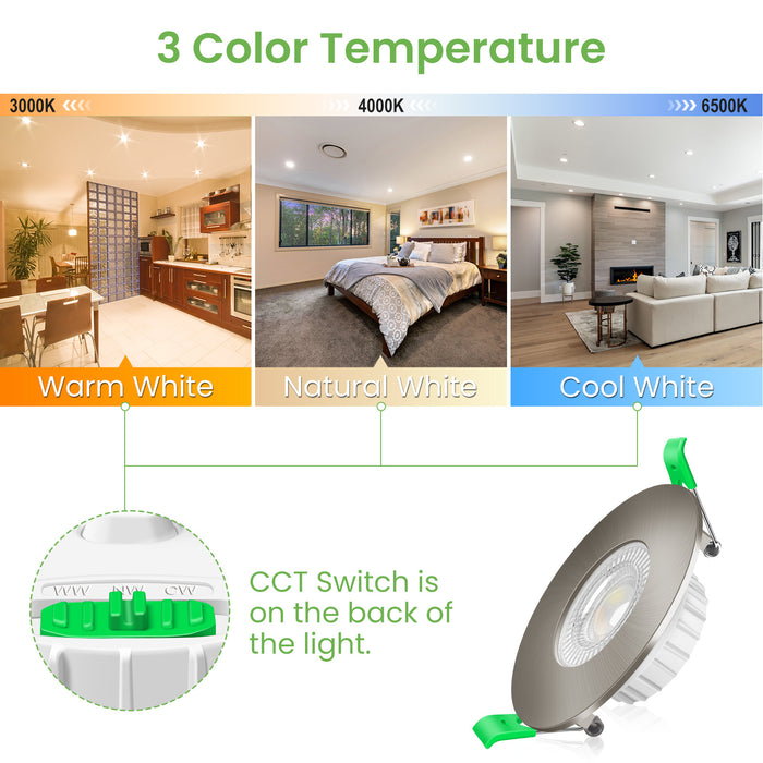 6W ∅68-75mm Nickel Recessed Led Ceiling Lights Flach 60°/120° Variable Beam Angle, Tri-Color, Dimmable, IP44, 6 PACK