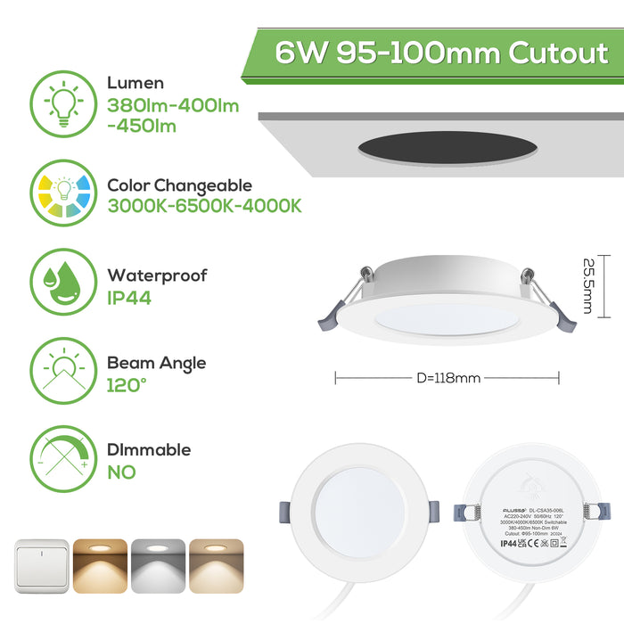 6W Ø95-100mm LED Recessed Ceiling Lights 3000K-6500K-4000K Changeable Utral Slim, IP44, 6 Pack