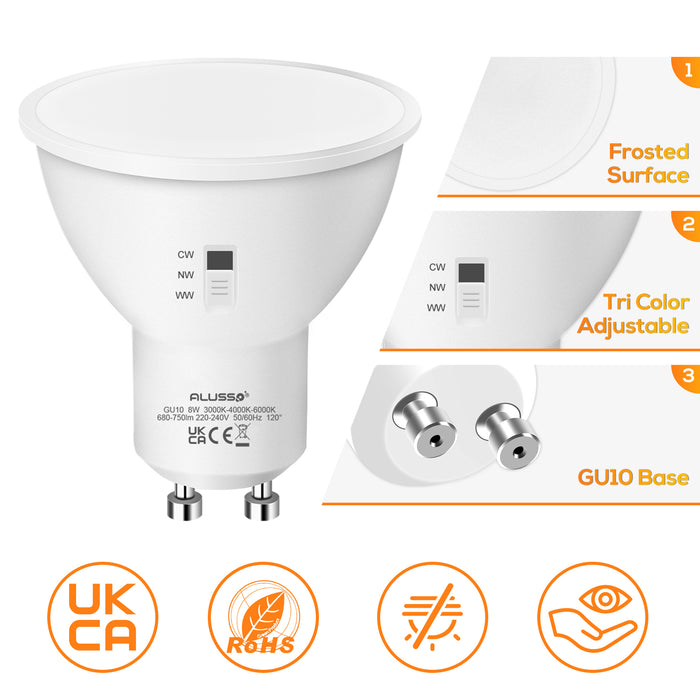 GU10/E27 LED Spotlight Bulb 8W/10W CCT 3000K/4000K/6500K, 120°/240° Beam Angle, 10 Pack