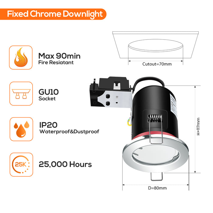 Fire Rated LED Downlight IP20 Fixed Chrome, with 5W Cool White GU10 Bulbs, Pack of 6