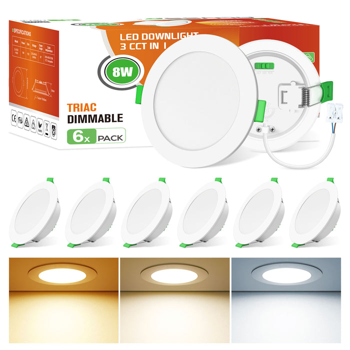 8W ∅75-85mm Recessed Led Ceiling Lights 850lm High Bright, Tri-Color, Dimmable, IP44, 6 PACK