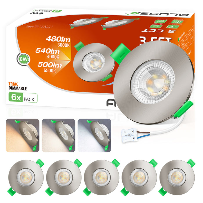 6W ∅68-75mm Nickel Recessed Led Ceiling Lights Flach 60°/120° Variable Beam Angle, Tri-Color, Dimmable, IP44, 6 PACK