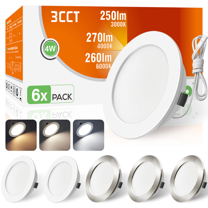 12V AC/DC RV 4W LED Recessed Ceiling Lights 3CCT, IP44, Cutout 55-58mm, 6 Pack, White / Nickel