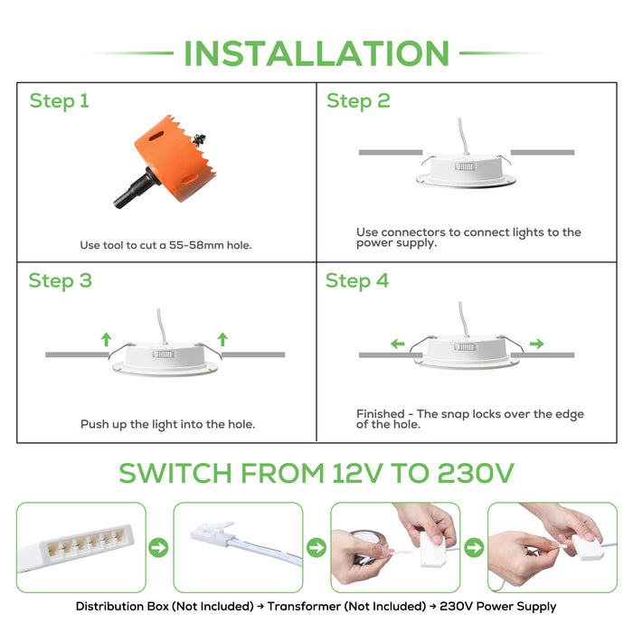 Upgraded 12V-24V RV 4W LED Recessed Spotlight 3CCT, IP44, Cutout 55-58mm, 6 Pack, White / Nickel