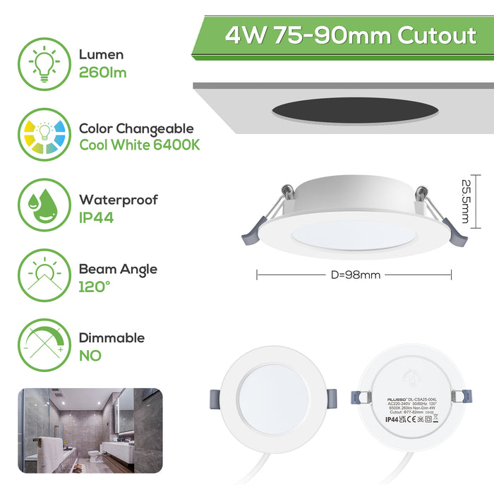 4W Ø75-90mm LED Recessed Ceiling Lights Utral Slim, Cool White 6400K, IP44, 6 Pack