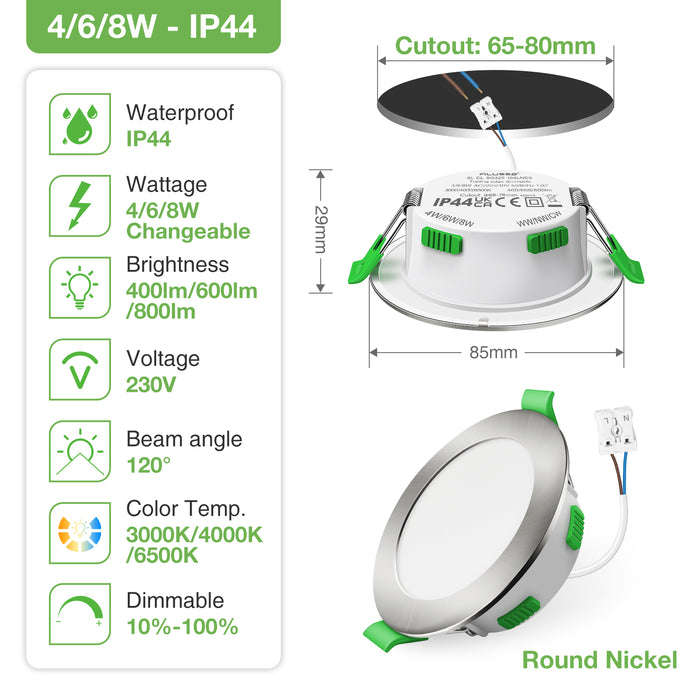 4W/6W/8W Changeable LED Downlight Dimmable Tri-colour IP44 Ultra Slim Recessed Ceiling Lights, 65-80mm Cutout, 10 Pack