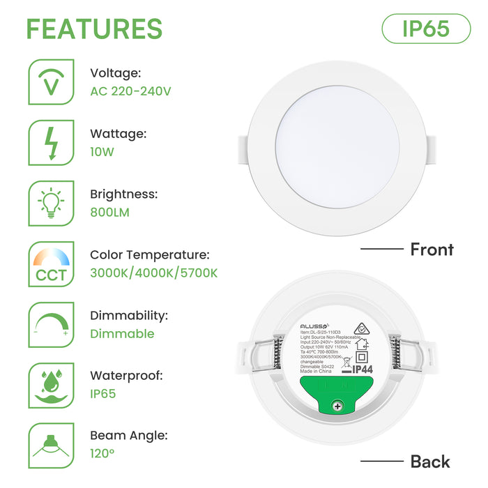 10W IP65 White LED Downlight Dimmable Tri-coulor, 70-80mm Cutout, 6 PACK