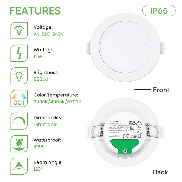 12W IP65 White LED Downlight Dimmable Tri-coulor, 90-100mm Cutout, 6 PACK