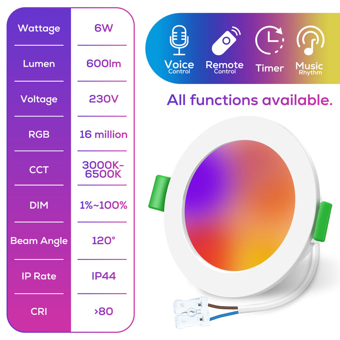 WIFI & Bluetooth 6W Smart RGB LED Downlights, 68-75mm Cutout, White & Nickel Frame, 4 Pack, IP54