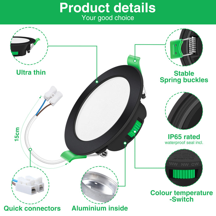 IP65 LED Downlight Cutout 67-75mm Dimmable CCT Ultra Slim, Black, 6 Pack