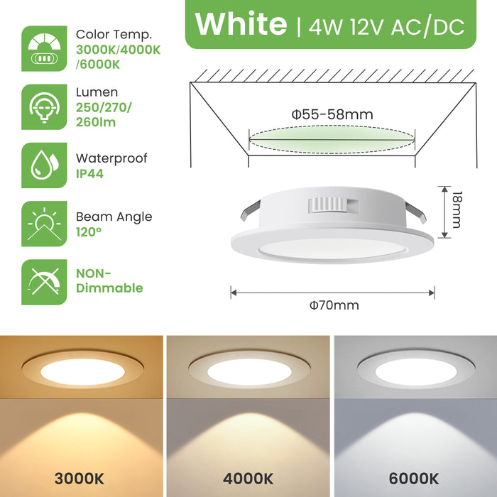 12V AC/DC RV 4W LED Recessed Ceiling Lights 3CCT, IP44, Cutout 55-58mm, 6 Pack, White / Nickel