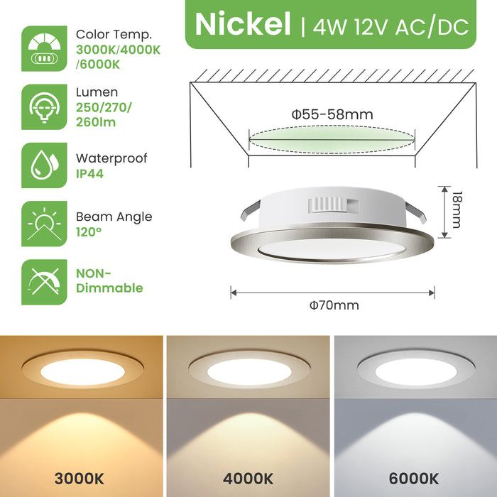 12V AC/DC RV 4W LED Recessed Ceiling Lights 3CCT, IP44, Cutout 55-58mm, 6 Pack, White / Nickel