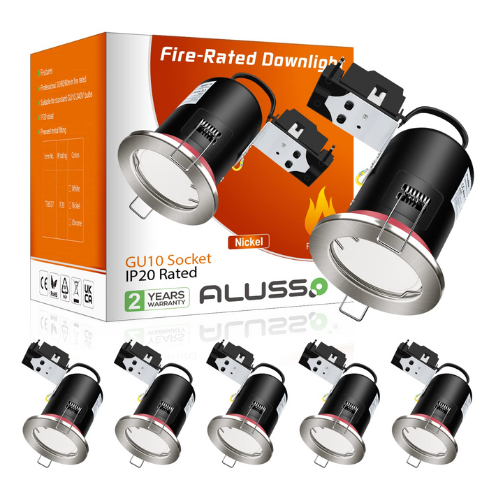 Fire Rated LED Downlight IP20 Fixed Satin Nickel, with 7W Cool White GU10 Bulbs, Pack of 6