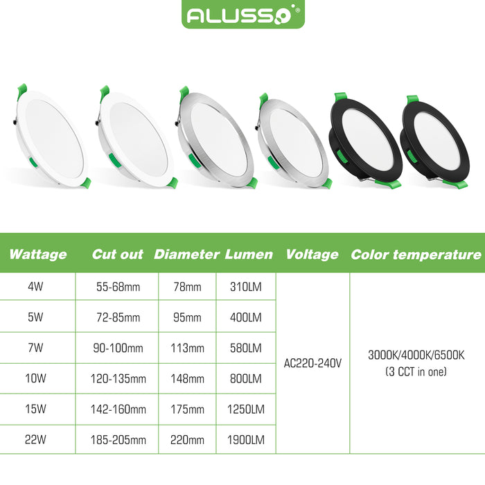 4W 5W 7W 10W 15W 22W Ultra Slim LED Downlight 55-205mm Cutout 3CCT 3000K 4000K 6500K Dimmable IP44 White/Nickel/Black Frame, 6 Pack