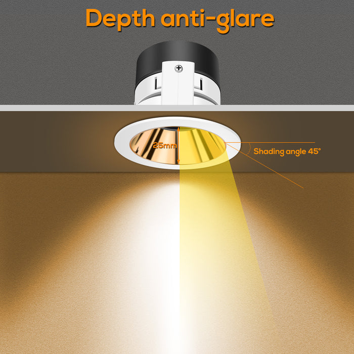 Anti-Glare LED Downlights 7W CCT Cutout 75-80mm, 6 Pack, Golden with White Frame