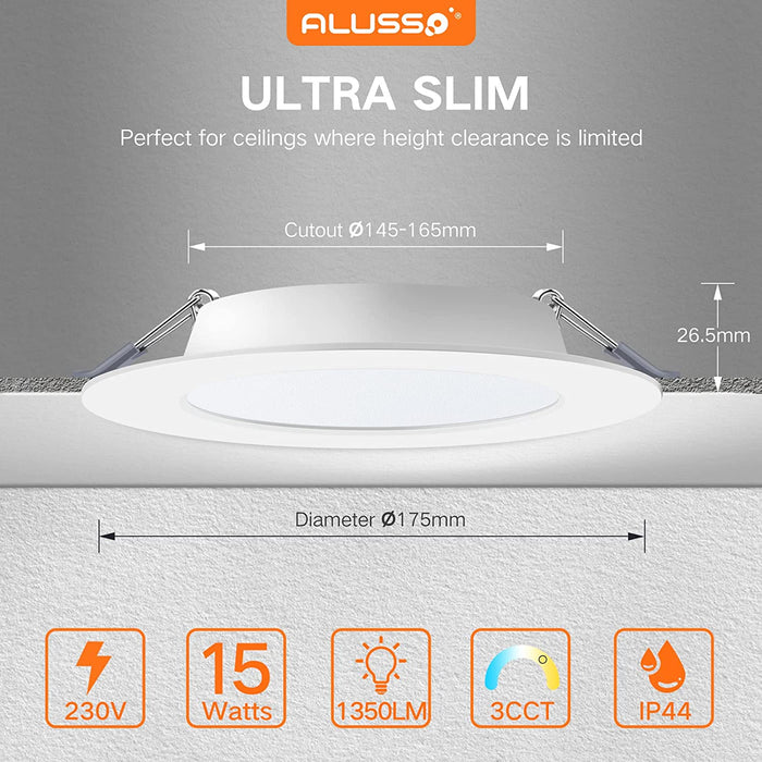 15W Ø145-160mm LED Recessed Ceiling Lights Utral Slim 3000K-6500K-4000K, 6 Pack, IP44
