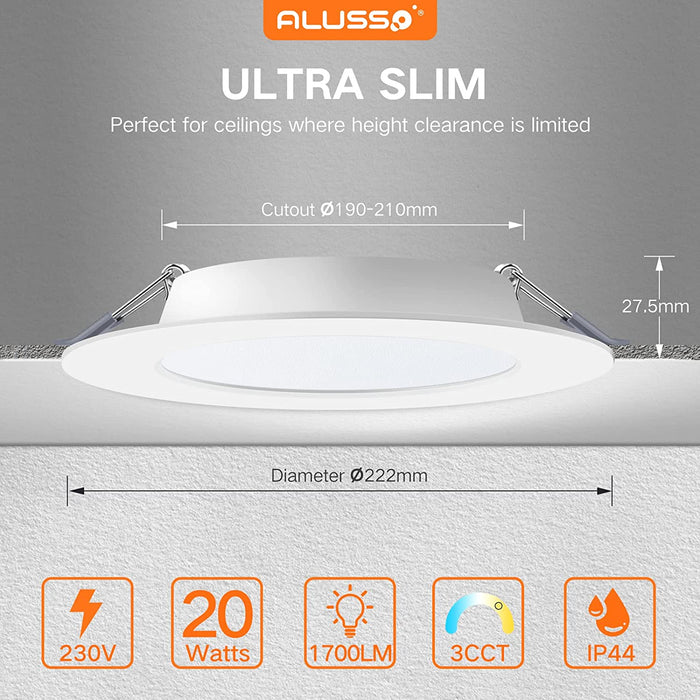 20W Ø190-205mm LED Recessed Ceiling Lights Utral Slim, 3000K-4000K-6500K, 6 Pack, IP44