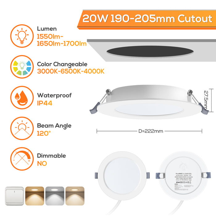20W Ø190-205mm LED Recessed Ceiling Lights Utral Slim, 3000K-4000K-6500K, 6 Pack, IP44