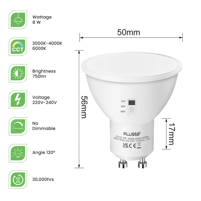 GU10 8W 750LM CCT Selectable 3000K /4000K /6000K 120° Beam Angle