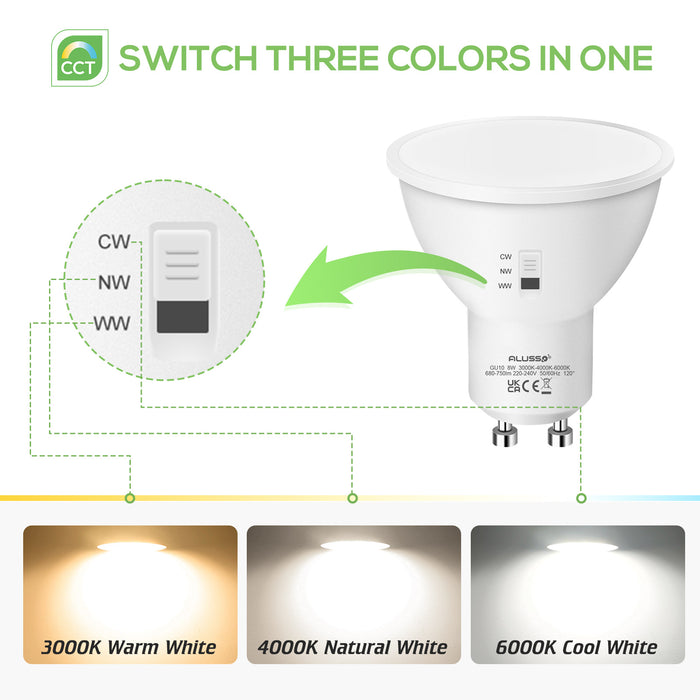 GU10 8W 750LM CCT Selectable 3000K /4000K /6000K 120° Beam Angle