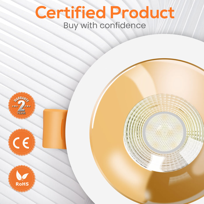 Anti-Glare LED Downlights 7W CCT Cutout 75-80mm, 6 Pack, Golden with White Frame