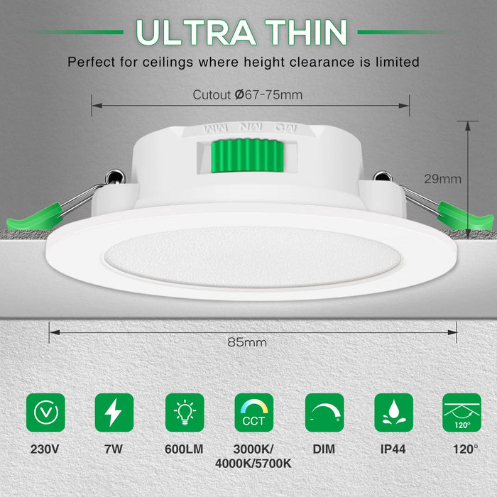 LED Recessed Ceiling Light 7W IP65 Tri-color Dimmable, 67-75mm Cutout Spotlights, 6 Pack