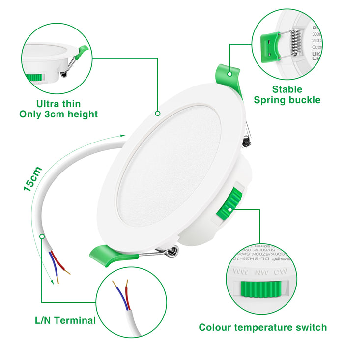 Led Downlight Dimmable Tri-colour 7W IP44 Ultra Slim Recessed Ceiling Lights, 67-75mm Cutout, 6 Pack