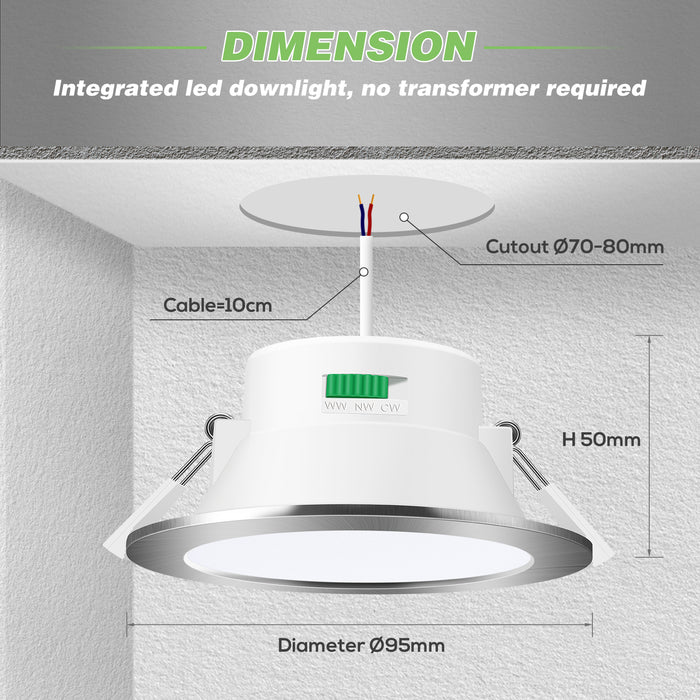 10W Led Downlight Nickel Dimmable Tri-coulor IP44 Recessed Ceiling Lights, 70-80mm Cutout, 6 pack