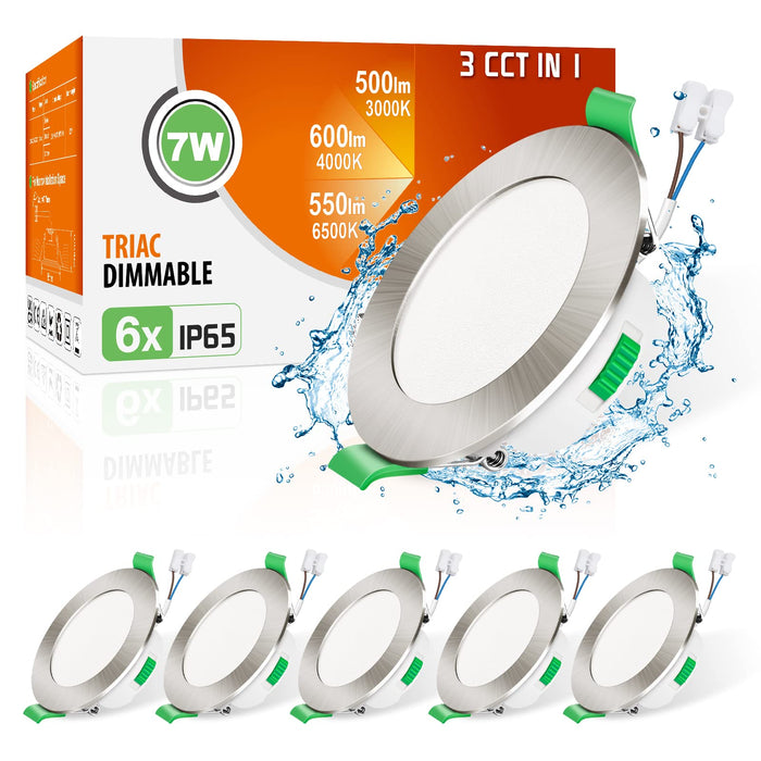 Nickel LED Recessed Lighting 7W IP65 CCT Dimmable, 67-75mm Cutout Spotlights, 6 Pack